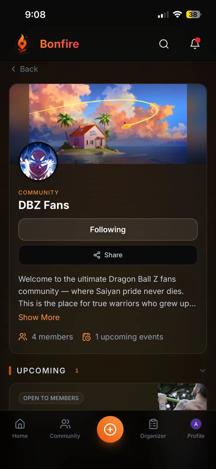 A community page with its banner, a Following button, member count and upcoming events